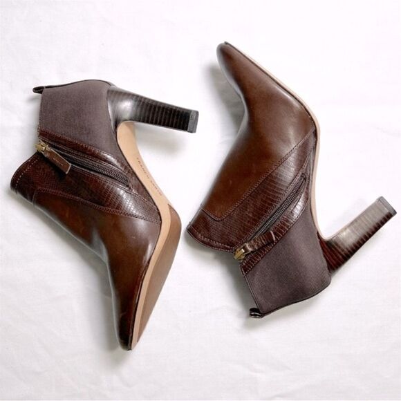 NWOT Franco Sarto Brown Leather Pointed Toe High Heel Booties - Picture 2 of 6